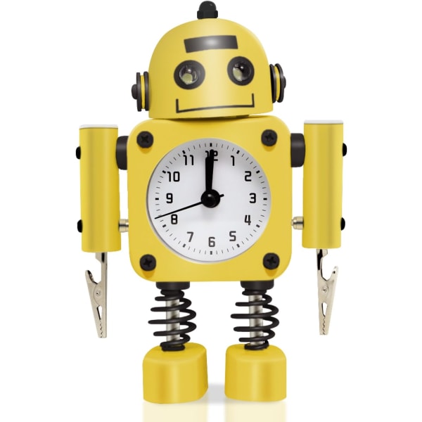 Robotväckarklocka i rostfritt stål - Väckarklocka med blinkande ögonlampor och handklämma (gul)