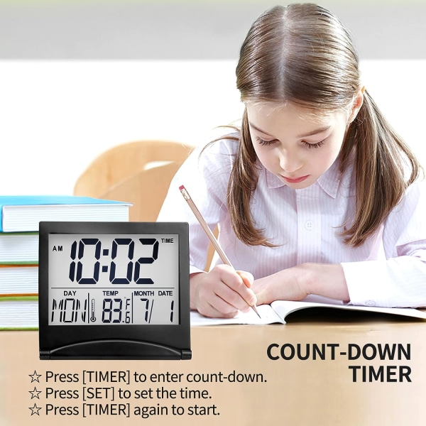 Digital resealarmklocka - Fällbar kalendertemperaturtimer LCD-klocka med snooze-läge - Stor sifferdisplay, batteridriven skrivbordsklocka