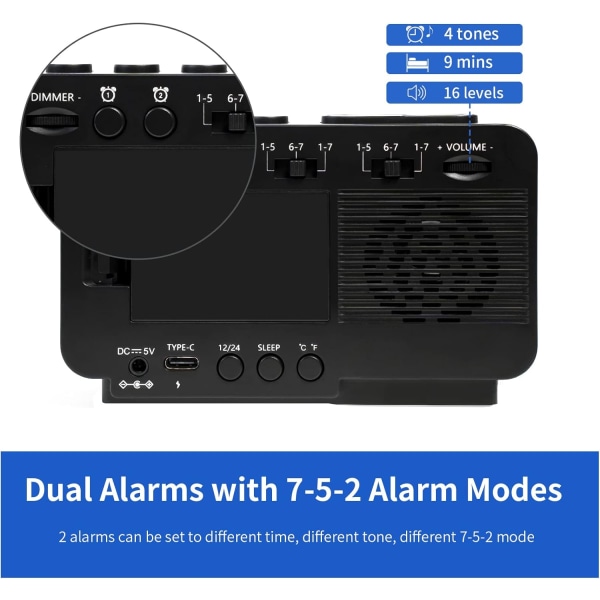 K5 Bluetooth-vækkeurradio, USB-afspiller, trinløs dæmpning, dobbelt separat alarm med weekendtilstand, sleeptimer, USB C-oplader, batteribackup