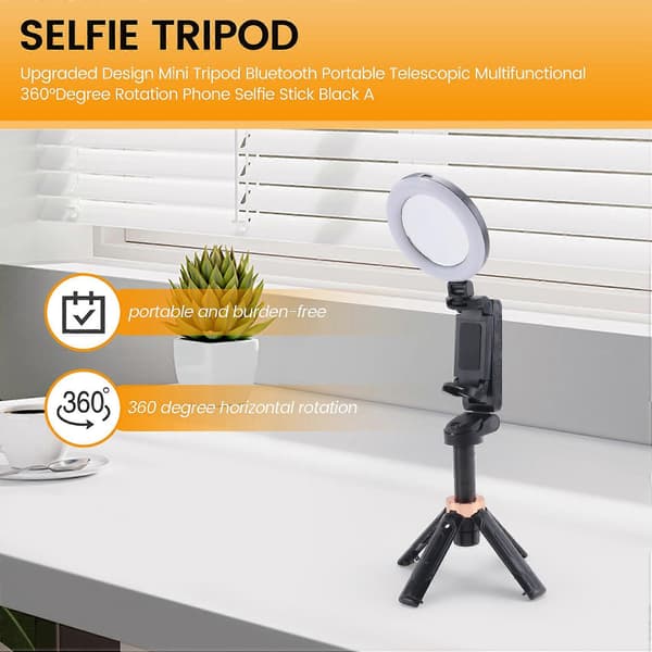 Oppgradert design Mini stativ Bluetooth bærbar teleskopisk multifunksjonell 360° rotasjon telefon selfie-pinne svart A