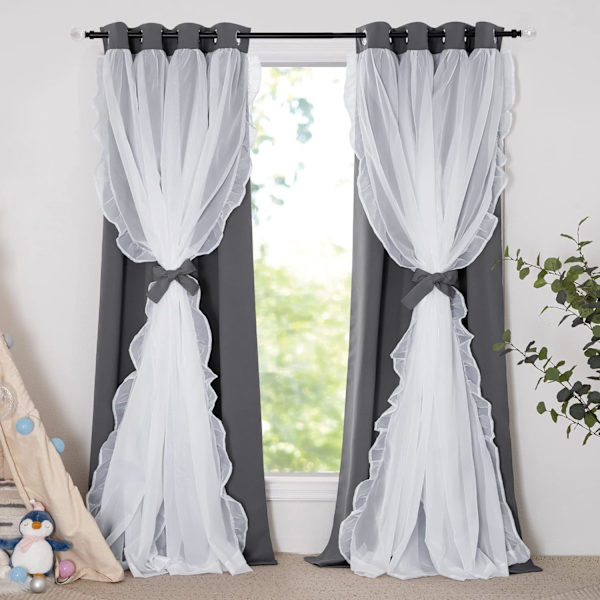 Dekorativa fönsterbehandlingar Dubbla gardiner Plisserade genomskinliga gardiner Rustik stil Design, B 132,88 x L 213,36 cm, Grå, 2 stycken