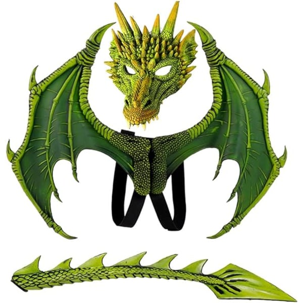 Drakdräkt för barn Pojkar Flickor, CRTEPST Dragon Wing Tail Mask Set, Halloween Dinosaur Cosplay Set för barn（Grön）
