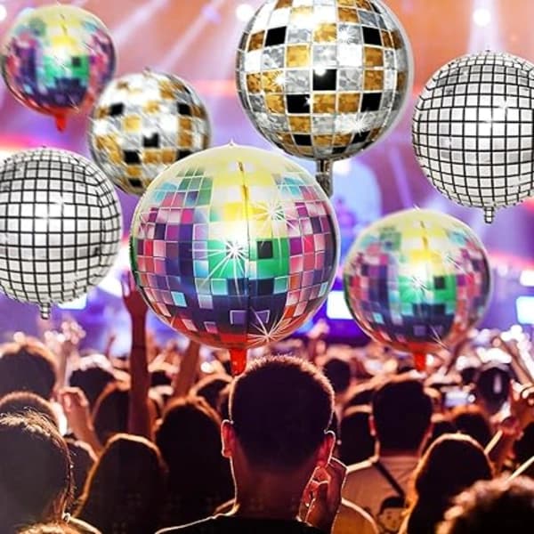 Diskokugle, 80'er dekorationer, 9 diskoballoner, 22-tommer 4D folieballoner