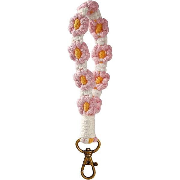 Macrame Daisy Wristlet Keychain, Söt Blomster Nyckelkedjor för Kvinnor Flickor Boho Handgjord Handled Rem Nyckelkedjor