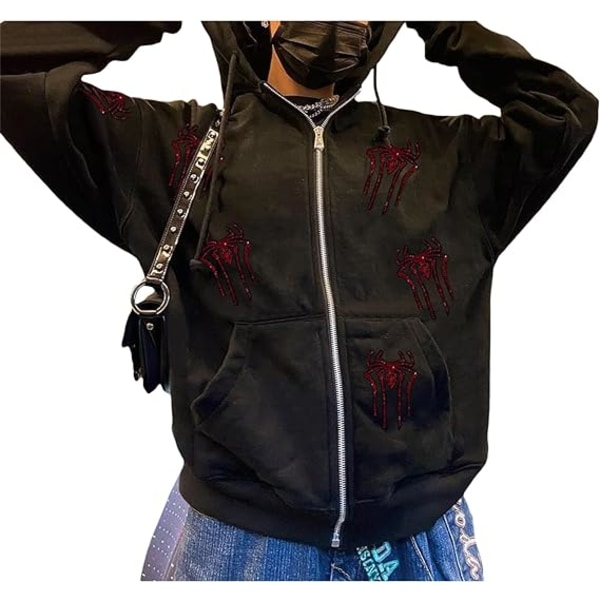 Kvinnor Full Zip Up Hoodie Halloween Långärmad Grafisk Jacka Goth Sweatshirt Flicka Streetwear（Storlek：L）