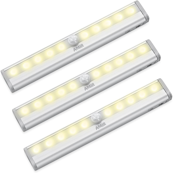 Rörelsesensor garderobslampor, 3-pack DIY klistermärke var som helst bärbar 10-LED trådlös skåp natt/trappor/steg ljusstång (varmvit, batteridriven)