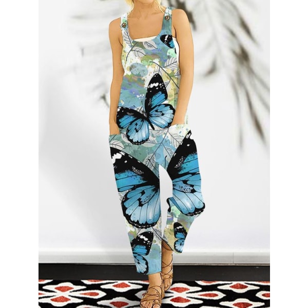Abstrakt print byxor med lösa remmar för kvinnor Ny jumpsuit i bomull och hampa med knappar (Butterfly Blue,M) Butterfly Blue M