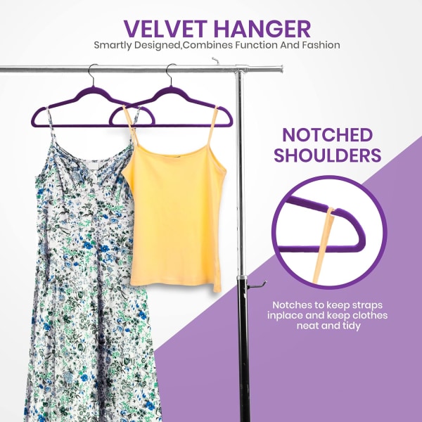 Premium Velvet Hangers 20 Pack - Sklisikre kleshengere - Lilla kleshengere - Dresshengere med 360 graders roterbar krok - Kraftige kåpehenger