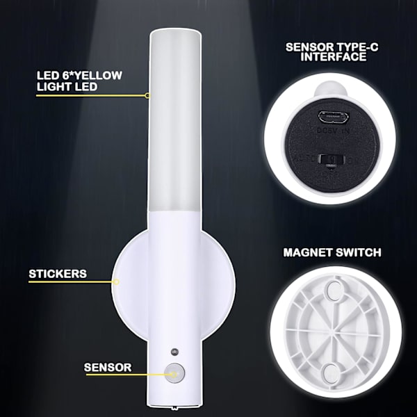 2 stk. Bevægelsessensor Natlys Magnetisk Væglampe USB LED Lys Genopladelig Stick Trådløs Trappe Indendørs Trævægslamper med Stort Batteri