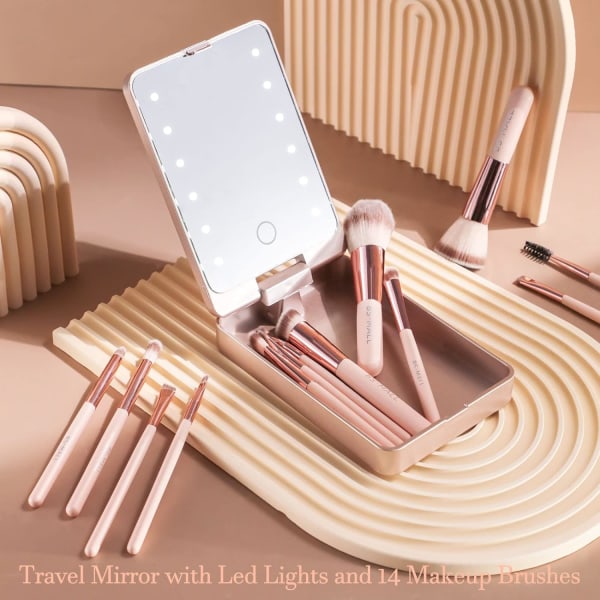 Reise Makeup Penselsett Foundation Pudder Concealers Øyenskygger Makeup Sett med LED Lys Speil 14 Pcs (APINK)