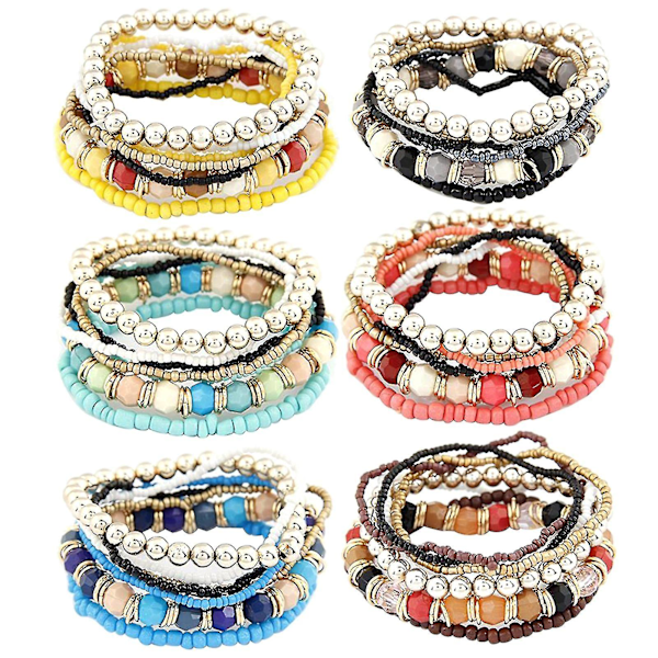 Zmd 7-pack Dam Boho Bohemian Mix Stil Multilayer Elastiska Pärl Armband för Bankett Fest Blå