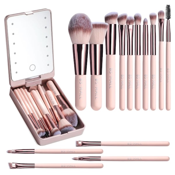 Rejse Makeup Pensel Sæt Foundation Pudder Concealers Øjenskygger Makeup Sæt med LED Lys Spejl 14 Stk (APINK)
