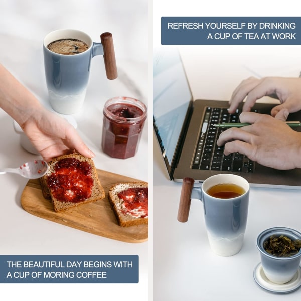 Tomotime Tekopp med Infuser och Lock 400ml Keramisk Tekopp Slät Invändig Vägg Trähandtag 13.5 oz, Blå