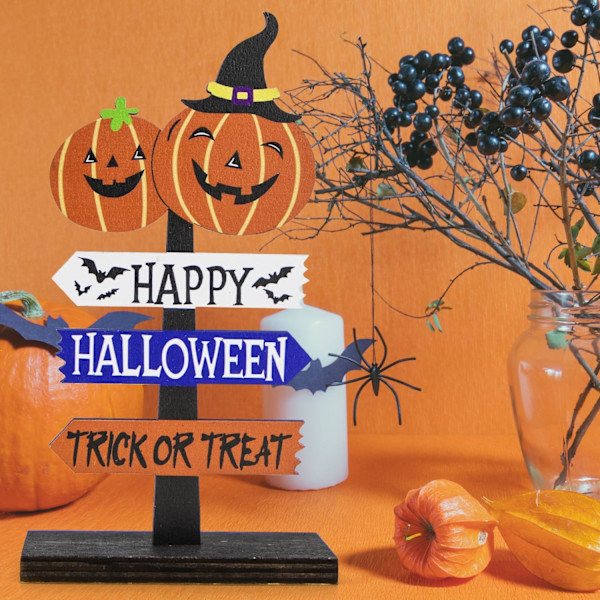 Halloween-bordpynt, Halloween-treornament Happy-skiltstativ for Halloween-festvinduspeisbordpynt, 14x8cm (dobbel gresskar)