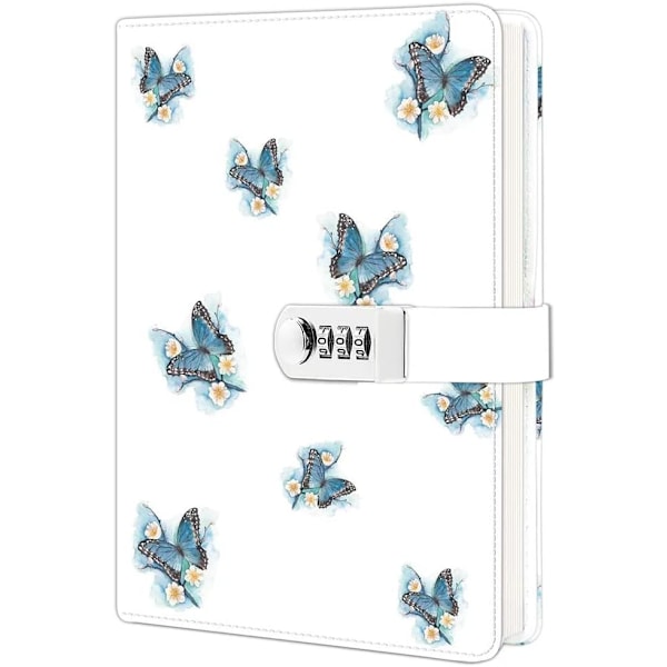 Dagbok med lås för flickor, A5 PU läderjournal med lås för kvinnor, 220 sidor hemlig dagbok med lås (fjäril)