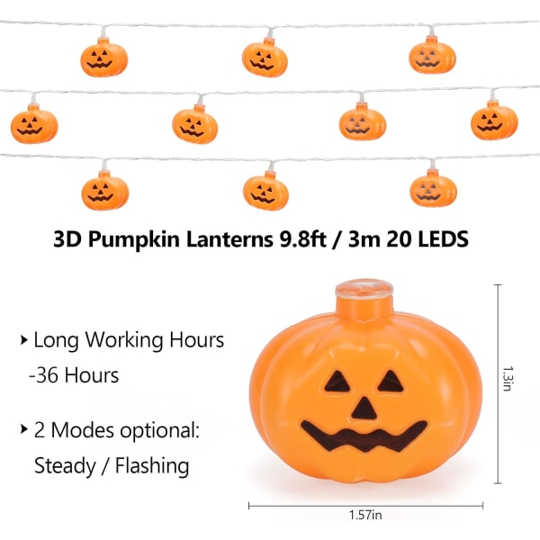 Halloween-kurpitsajouset 3 metriä 20 kpl huoneen puutarhan koristeluun, 2 tilaa Halloween-koristevalot sisä- ja ulkokoristeluun