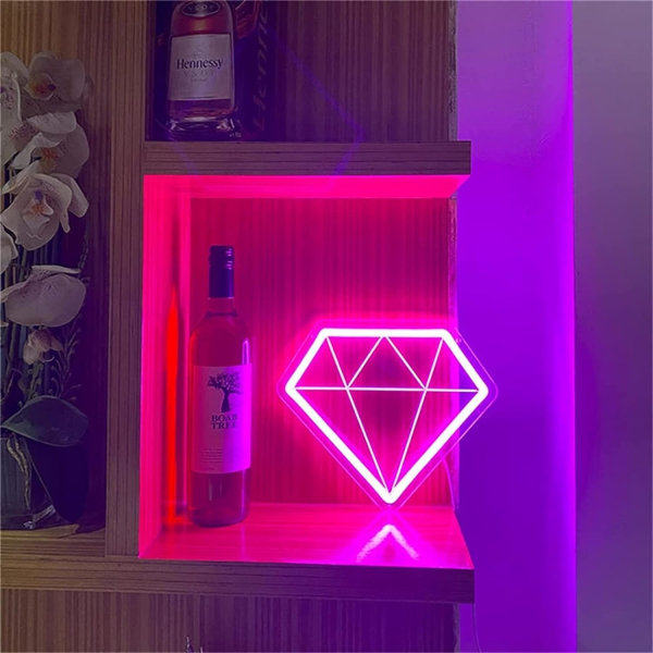 Diamantformet Neon Skilt Led Modellering Lys Lysende Bogstaver Skiltplade Akryl Panel Neon Dekorativt Lys, 26X24cm, Lilla (Farve: Lilla)