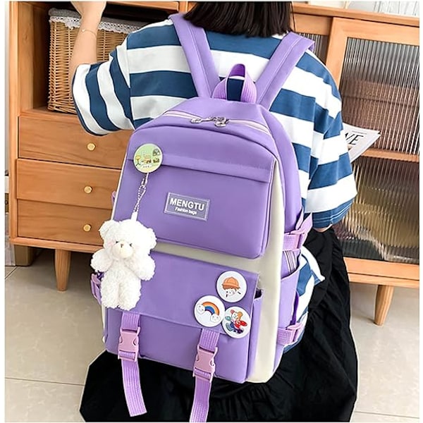 Kawaii Ryggsäck set 5 st Estetiska Skolväska söt ryggsäck set med Hänge Lunchväska, Pennfodral, Handväska, Myntväska