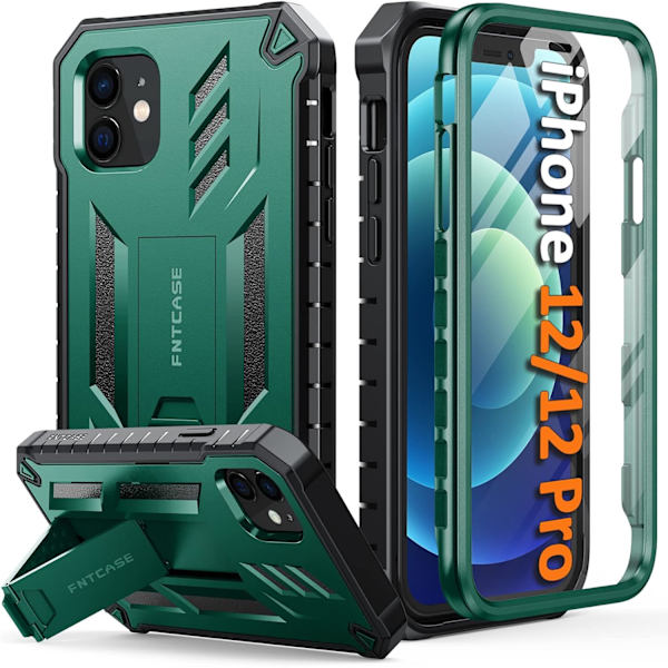 iPhone 12 -puhelinkotelo, sotilasluokan pudotustestissä hyväksytty, kestävä suojakotelo jalustalla | Mattapintainen, iskunkestävä TPU-hybridipuskurikuoret 6,1 tuumaa