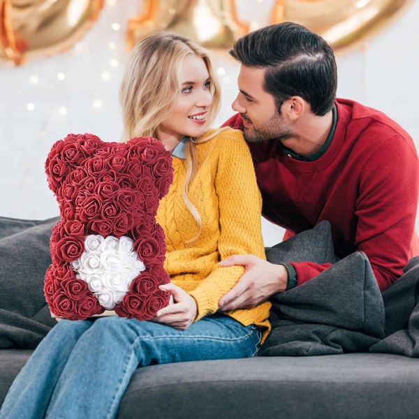 Rose Bear Rose Teddy Bear Håndlavet Kunstig Rose Blomst Bjørn - Bedste Gave til Valentinsdag, Mors Dag, Bryllup, Jubilæum, Fødselsdag (Vinrød)