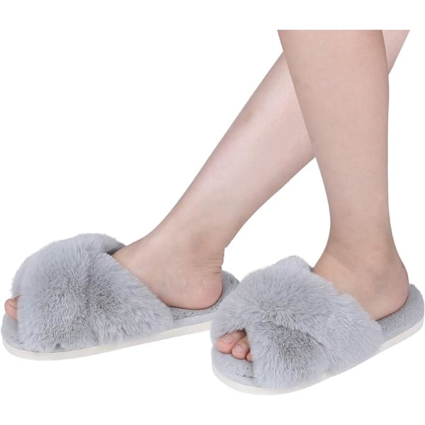 Dames Fuzzy Hjemmesko Krydsbånd Memory Foam Hjemmesko Åben Tå (Størrelse: 7-8)