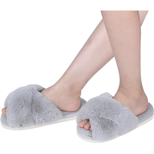 Dames Fuzzy Hjemmesko Krydsbånd Memory Foam Hjemmesko Åben Tå (Størrelse: 9-10)