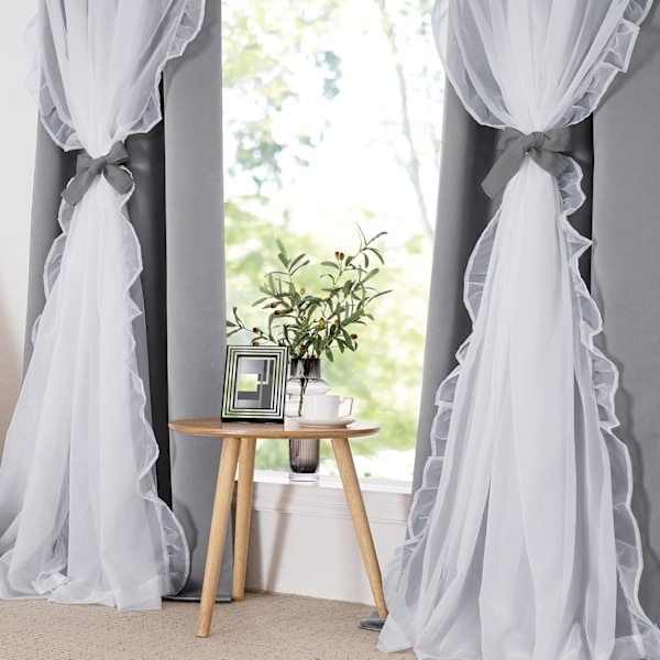 Soverom dobbelt plisserte gjennomsiktige gardiner med bånd, 132,08 cm B x 213,36 cm L, sølvgrå, sett med 2