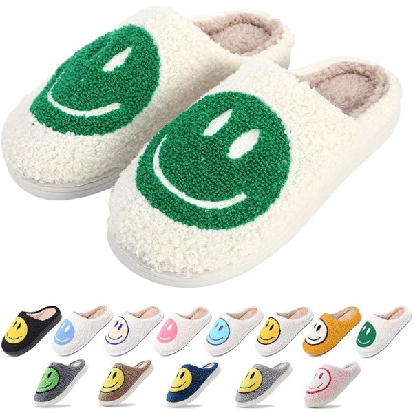 Søte smil tøfler for kvinner menn, myke plysj komfortable varme par slip-on hus glade ansikt tøfler preppy tøfler fuzzy flate lysbilder（Størrelse：11-12）