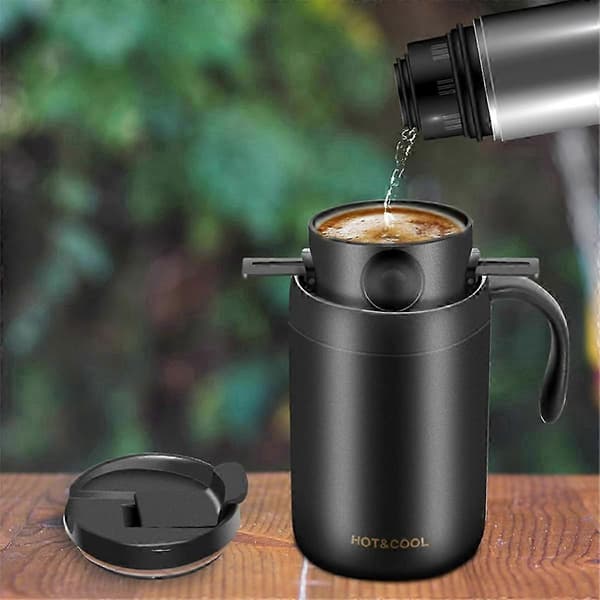 Bærbart kaffesæt til camping med krus og filter i rustfrit stål Svart