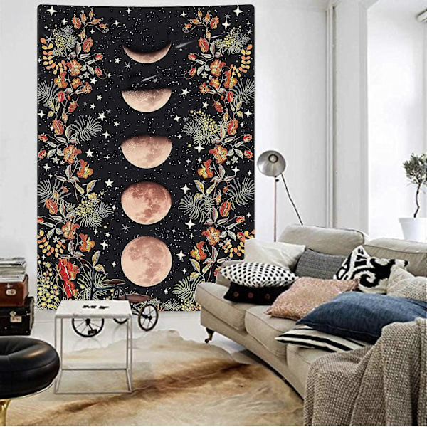 Månebelyst Hage Gobelin, Månefase Gobeliner Blomsterranke Gobelin Svart Bakgrunn