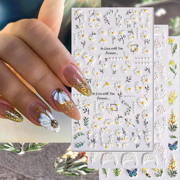 5D Nagelklistermärken med präglade blommor för Nail Art Supplies, Självhäftande Nail Art Stickers med White Daisy Leaves Designs