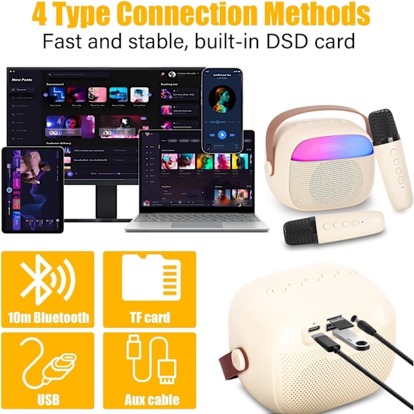 Karaokemaskin för barn med 2 trådlösa mikrofoner, portabelt KTV-system med Bluetooth, högtalare med röstförvrängningseffekter och LED-lampor White