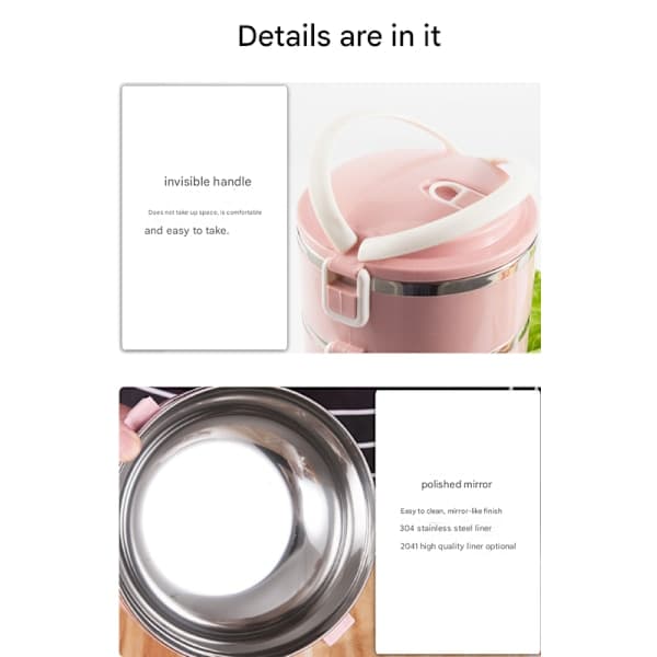 4-lags rund matboks i rustfritt stål, matoppbevaringsboks, matboks for barn, varm mat (rosa)