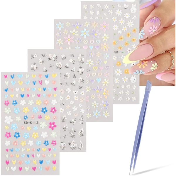 Blomma nagelklistermärken, 5D-präglade nageldekaler nageldesign självhäftande nageltillbehör, färgglada blomma nageldekorationer för nageldekoration för kvinnor