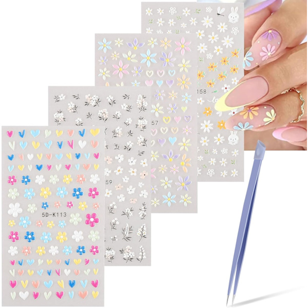 Blomster negleklistremerker, 5D pregede negleklistremerker negle design selvklebende negleforsyninger, fargerike blomster negleklistremerker for kvinner negledekorasjon