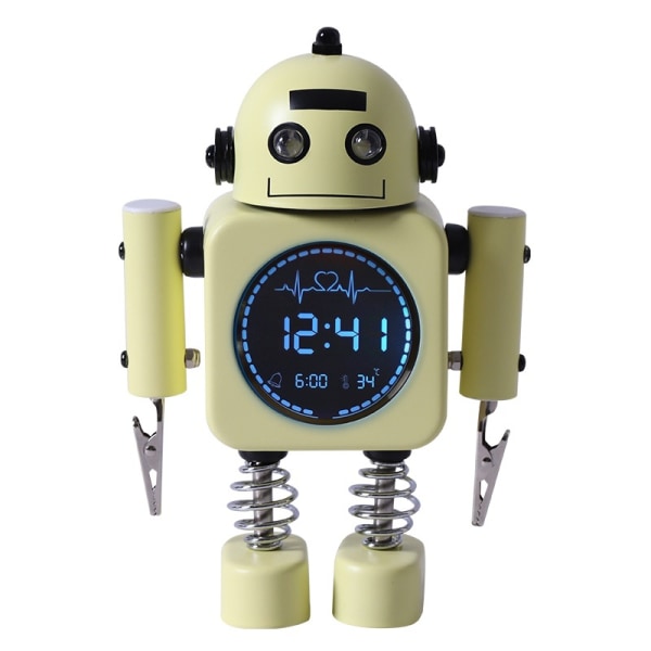 Kids Alarm Clock with LED Time and Temperature Display, Metal Non-Ticking Robot Alarm Clock, Alarm Clock with Flashing Light Eyes and Rotating Arm