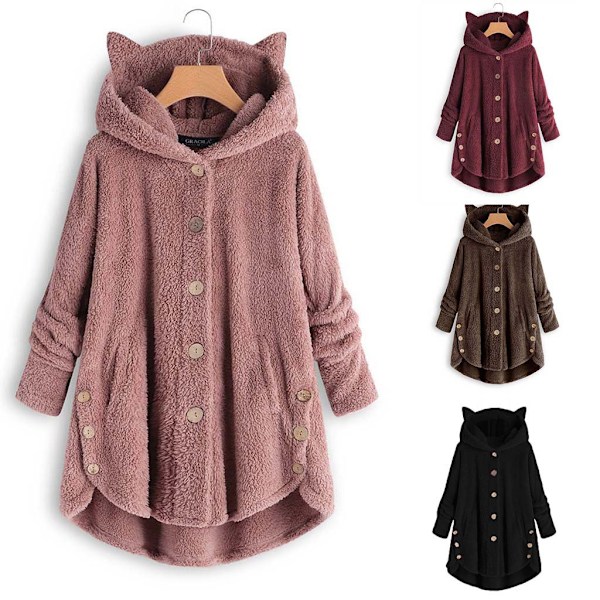Plysjakke med katteører, uregelmæssig trendy ensfarvet jakke til kvinder Leopard dark color XL