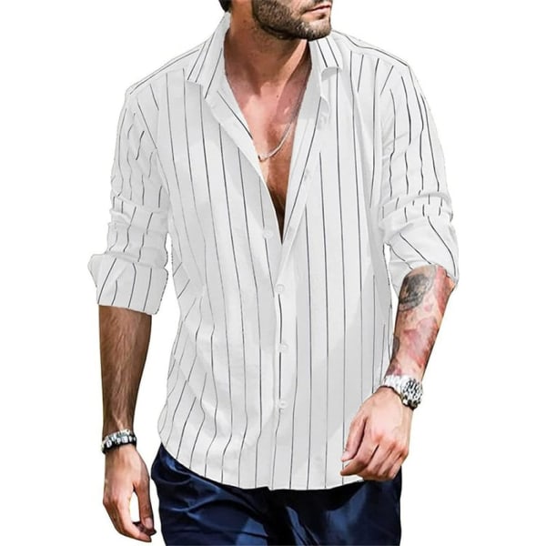 Herr Cardigan Skjorta med Krage - Långärmad Skjorta Vit Randig Tryckt Knapp Ned Blus Höst Plus Storlek Kläder För Semester Festkläder (Storlek: 3XL)