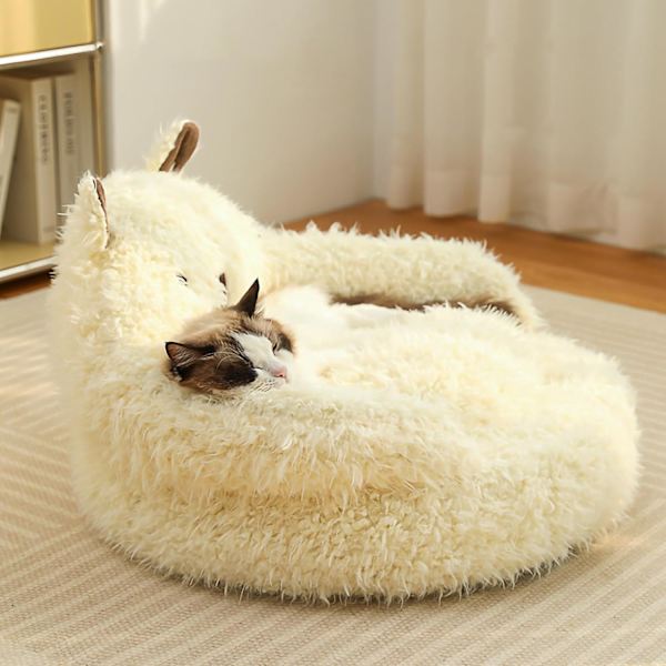 Kylmatta kattbo alpaca kattströ vinter varm bo med plyschdyna halkfri botten plyschmatta kattbo beige 40cm