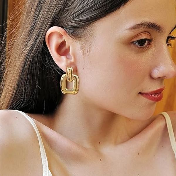 Guld Sølv Hoop Dangle Øreringe Til Kvinder Piger Statement Retro Øreringe Flere Stilarter Smykker Til Fødselsdagsfest Gave(Guld Poleret Firkantet)