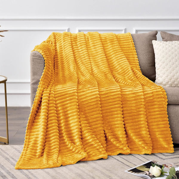 Fleece tæppe - 3D ribbet jacquard dekorativt gult tæppe til sofa og seng, let varmt hyggeligt blødt tæppe 50x60 tommer