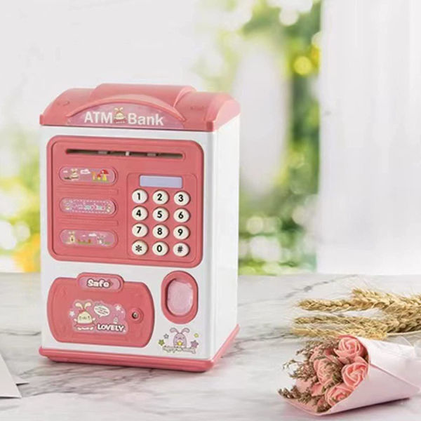Bank forKids -rahakone sormenjäljellä ja salasanakoodilla - Min ATM -pankki, kolikkopankki, elektroninen säästölipas, lelu, syntymäpäivälahjat, joululahjat (vaaleanpunainen)