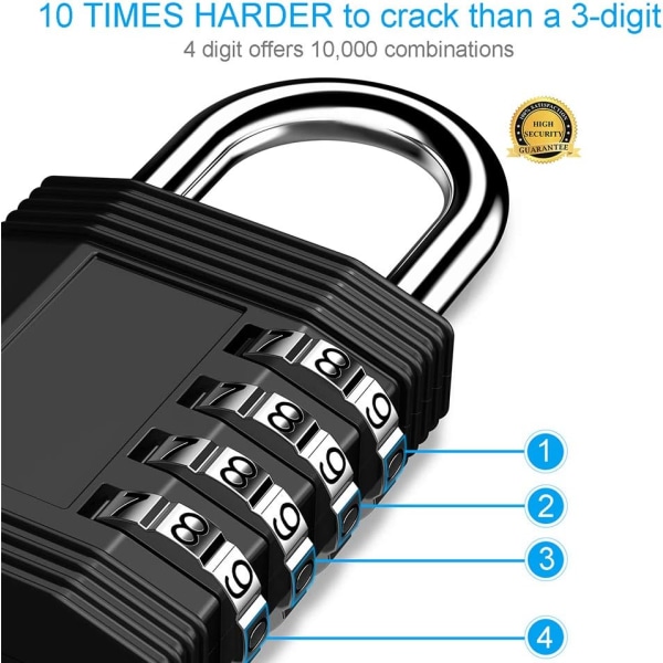 Lås for skap, 4-sifret kombinasjonslås for treningsstudio, ansatt, skole, gjerde, hasp-skap (2-pakning, svart og rød)