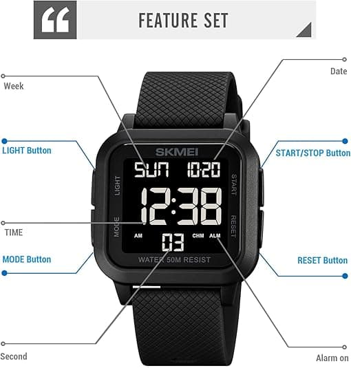New square watch with large dial, waterproof/alarm/countdown/dual time zone/chronograph/12/24 hours (black & black)