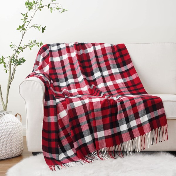 Red buffalo check throw for sofa bed, super soft faux cashmere blanket with fringe (127 cm x 152.4 cm, red)