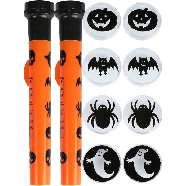 HALLOWEEN-PROJEKTORFACKLA - 2-PACK - ORANGE OCH SVART FACKLA DEKORERAD MED HALLOWEEN-SYMBOLER + 5 SPÖKFIGUR-KEPSAR - ROLIGT HALLOWEEN-FESTREKVISITA