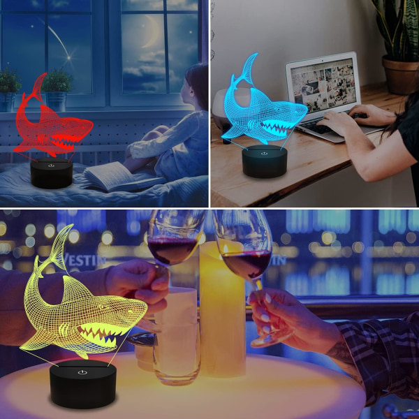Shark 3D Illusion Night Light Animal Touch Table Desk Lamp, med fjernkontroll 16 farger optisk USB LED nattlys for barn feriegave