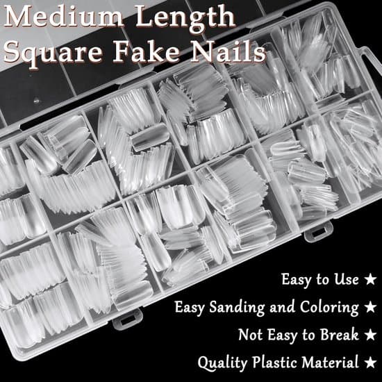 600 Square Nail Tips - Full Coverage Acrylic Tips - Medium Gel Tips for Nail Extensions - For Salon and DIY Manicure