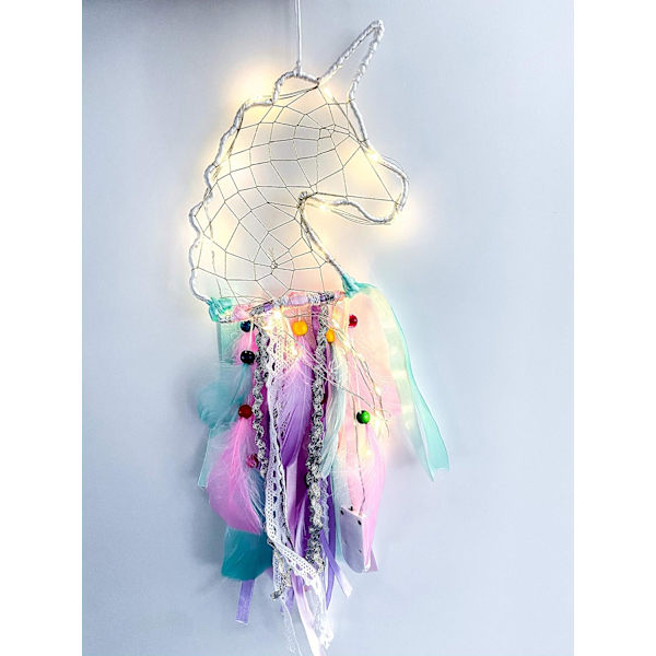 Drømmefanger fjær anheng veggdekorasjon for bil hjem jenter barn barnehage mobil soverom dekorasjon LED-stil (Unicorn LED)