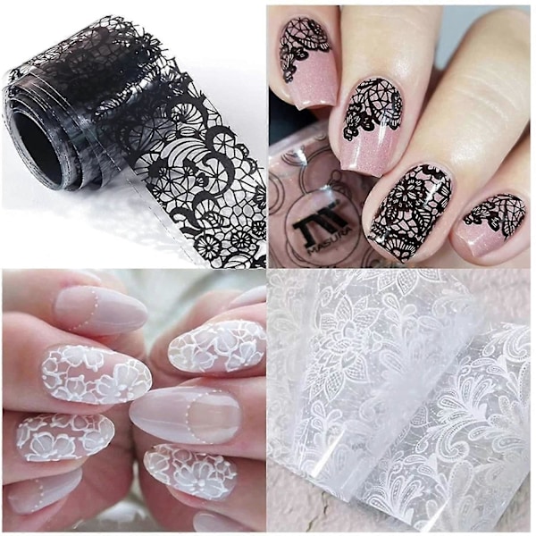 Holografiska Nagelfoljeöverföringsstickers Svart Vit Spets Laserfolie Nagelkonsttillbehör Stjärnpappersdesign för Akryldekorationer Kvinnors Fingernälar